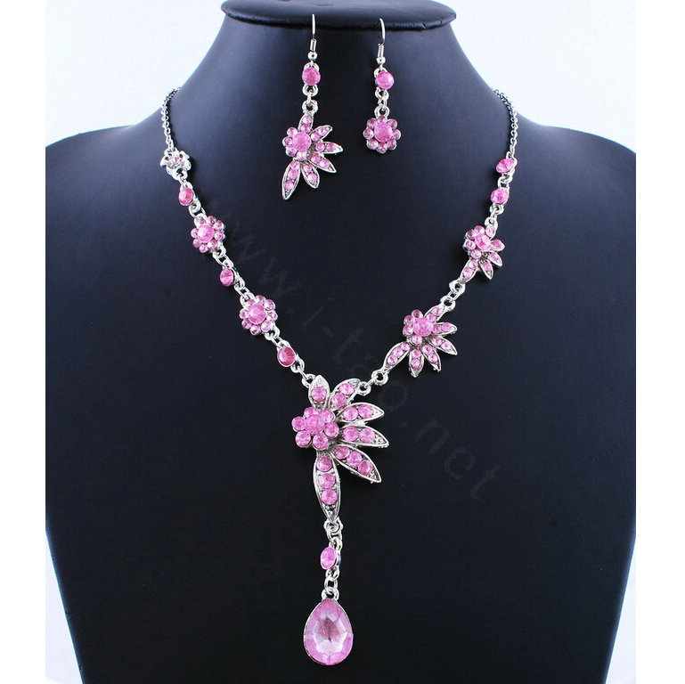 High quality Wedding Bridal Jewelry Alloy Water drops Flower Pink Rhinestone Necklace Earrings Set