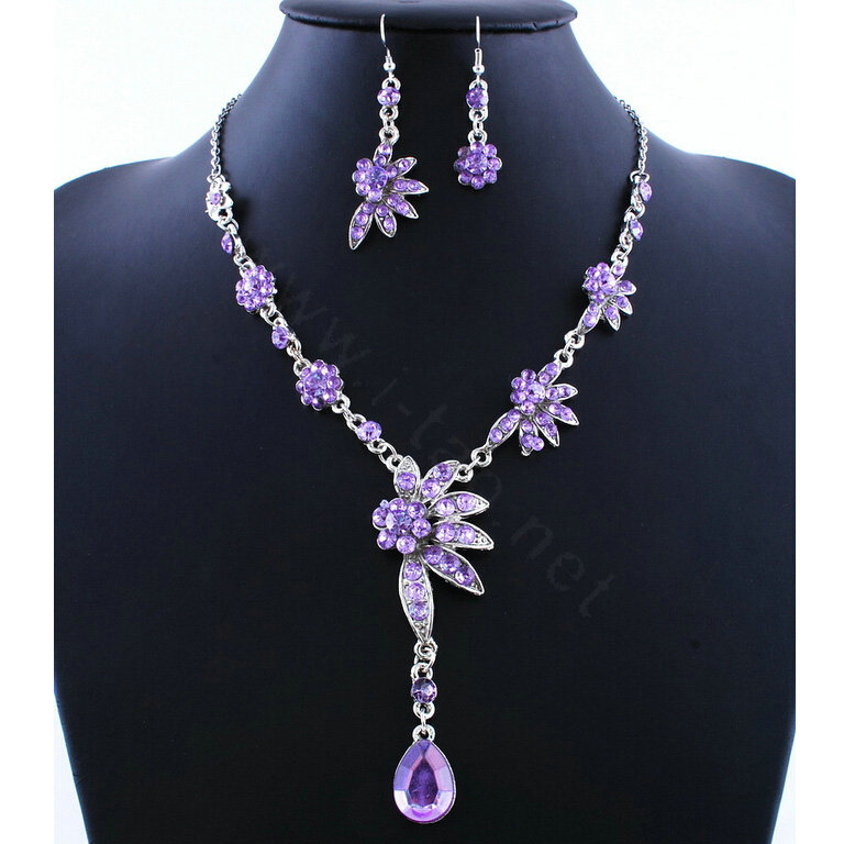 High quality Wedding Bridal Jewelry Alloy Water drops Flower Purple Rhinestone Necklace Earrings Set