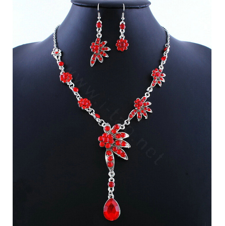 High quality Wedding Bridal Jewelry Alloy Water drops Flower Red Rhinestone Necklace Earrings Set