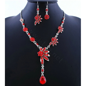 High quality Wedding Bridal Jewelry Alloy Water drops Flower Red Rhinestone Necklace Earrings Set