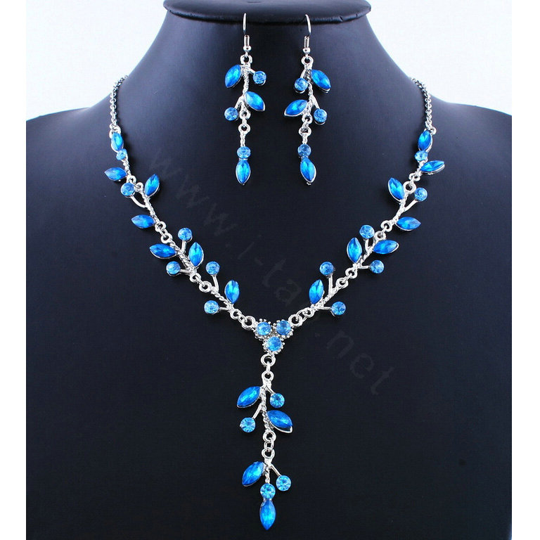 High quality Wedding Bridal Jewelry Long Alloy Leaves Blue Rhinestone Pendant Necklace Earrings Set
