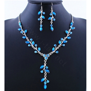 High quality Wedding Bridal Jewelry Long Alloy Leaves Blue Rhinestone Pendant Necklace Earrings Set