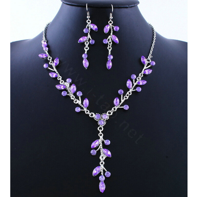 High quality Wedding Bridal Jewelry Long Alloy Leaves Purple Rhinestone Pendant Necklace Earrings Set