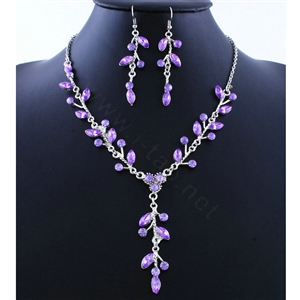 High quality Wedding Bridal Jewelry Long Alloy Leaves Purple Rhinestone Pendant Necklace Earrings Set