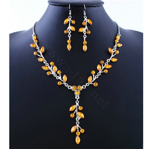 High quality Wedding Bridal Jewelry Long Alloy Leaves Yellow Rhinestone Pendant Necklace Earrings Set