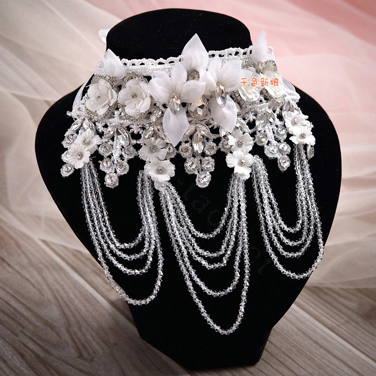 Hot Sell Shining Rhinestones Lace Flower Tassel Shoulder Deco Necklace Wedding Bridal Jewelry