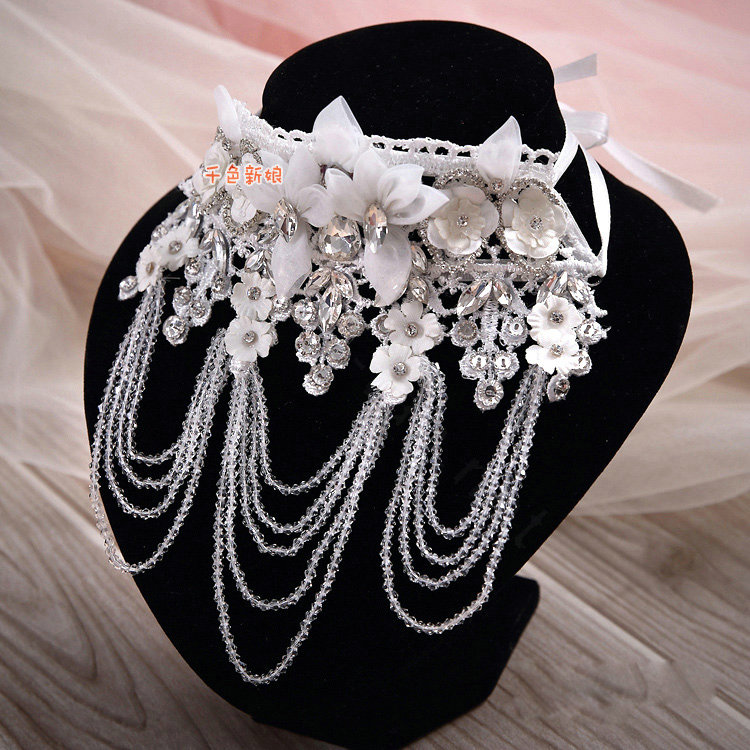 Hot Sell Shining Rhinestones Lace Flower Tassel Shoulder Deco Necklace Wedding Bridal Jewelry
