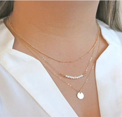 Hot sale Fashion Women Multi layer Bead Pearl Metal Sequins Gold-plated Necklace Clavicle Chain