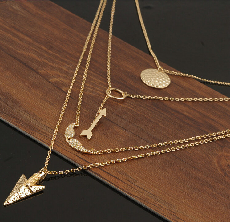 Hot sale Woman Gold Plated Diamond Angel wings Alloy Arrow Pendant Multilayer Clavicle Chain Necklace