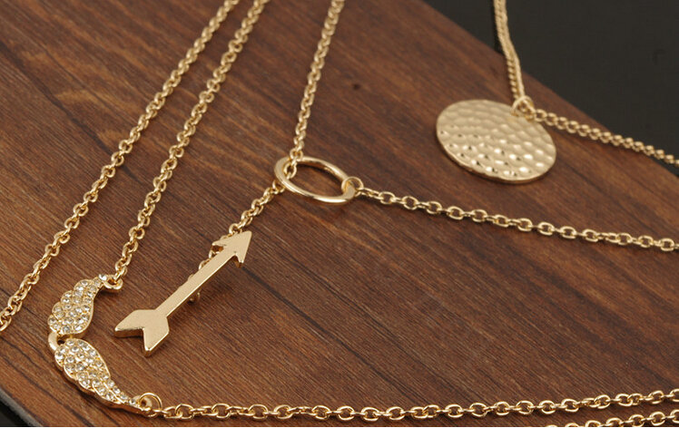 Hot sale Woman Gold Plated Diamond Angel wings Alloy Arrow Pendant Multilayer Clavicle Chain Necklace