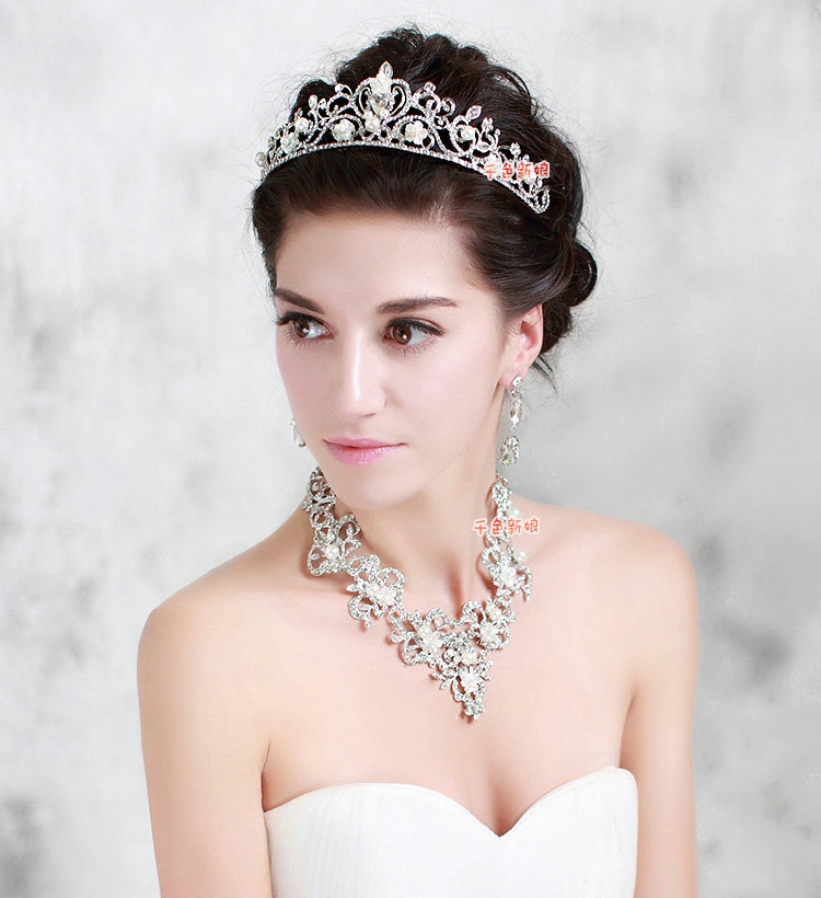 Luxury Bridal Wedding Jewellery Alloy Flower Crystal Rhinestone Pearl Tiaras Necklace Earrings Sets