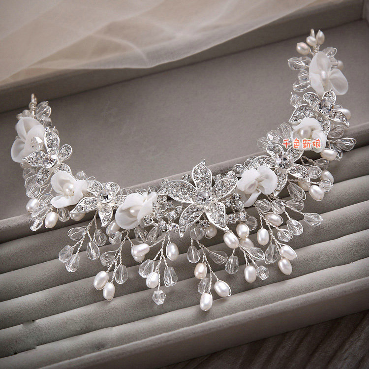 Luxury Bridal Wedding Lace Flower Crystal Bead Rhinestone Freshwater Pearl Tiaras Necklace Earrings Sets