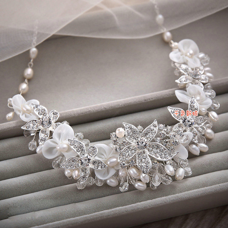 Luxury Bridal Wedding Lace Flower Crystal Bead Rhinestone Freshwater Pearl Tiaras Necklace Earrings Sets