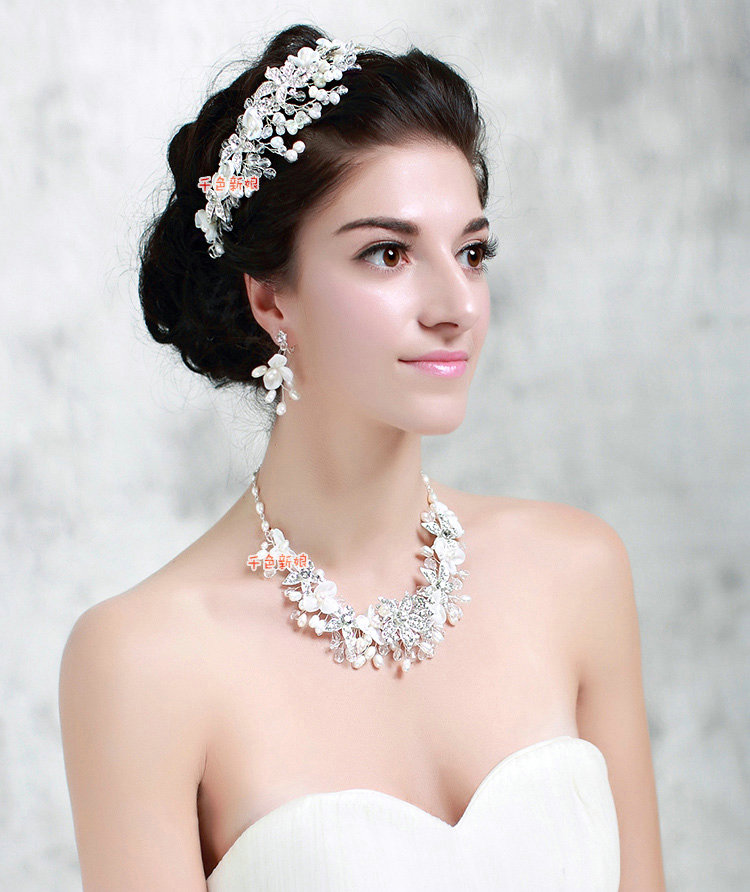 Luxury Bridal Wedding Lace Flower Crystal Bead Rhinestone Freshwater Pearl Tiaras Necklace Earrings Sets