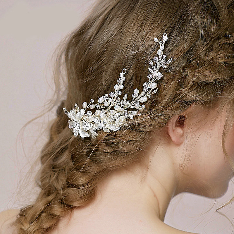 Luxury Bridal Wedding Pearl Alloy Flower Rhinestone Crystal Bride Headband Hair Clip Accessories