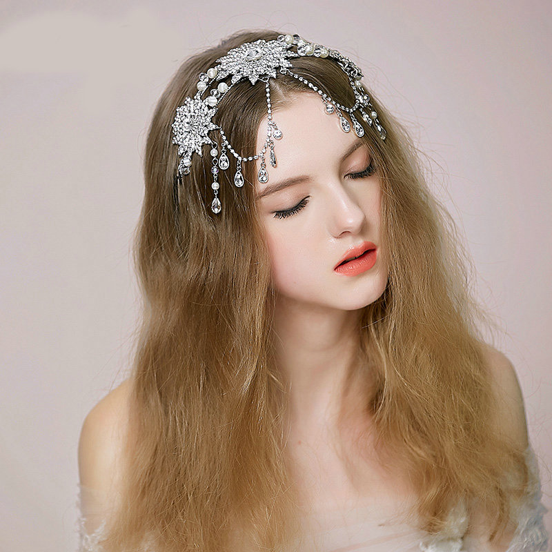 Luxury Bridal Wedding Queen Alloy Flower Rhinestone Crystal Tassel Bride Headband Hair Clip Accessories