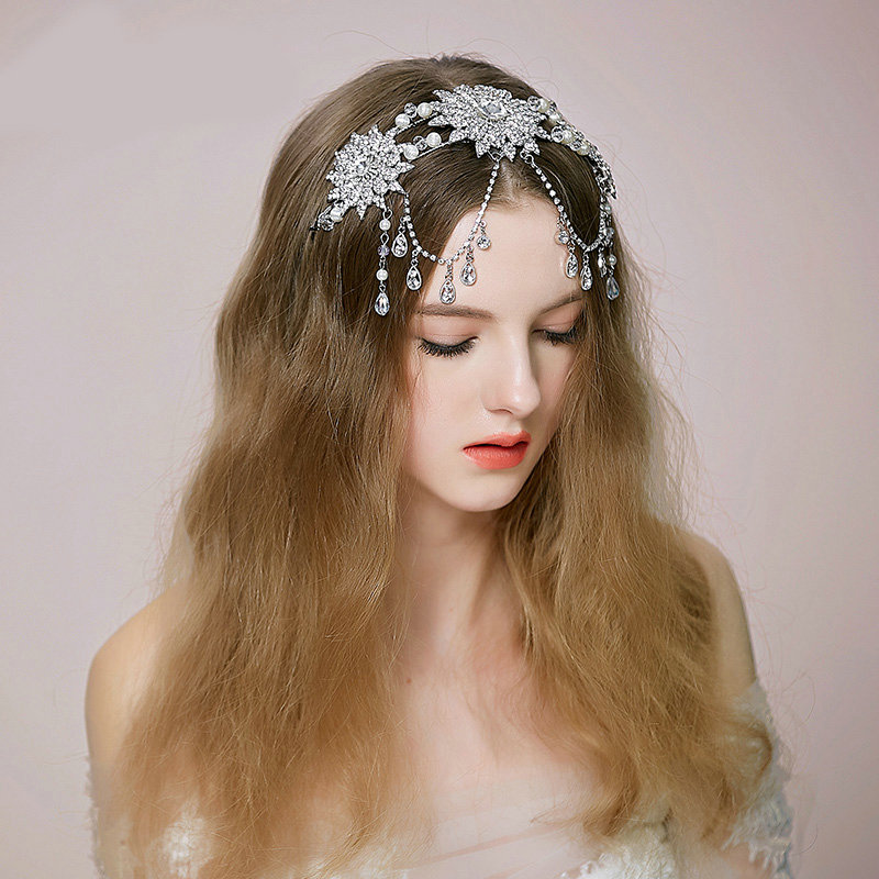 Luxury Bridal Wedding Queen Alloy Flower Rhinestone Crystal Tassel Bride Headband Hair Clip Accessories