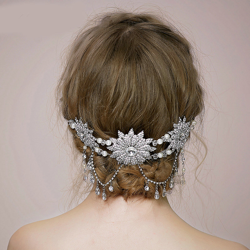 Luxury Bridal Wedding Queen Alloy Flower Rhinestone Crystal Tassel Bride Headband Hair Clip Accessories