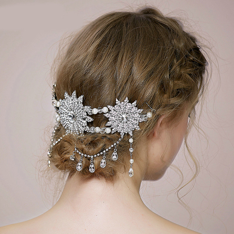 Luxury Bridal Wedding Queen Alloy Flower Rhinestone Crystal Tassel Bride Headband Hair Clip Accessories