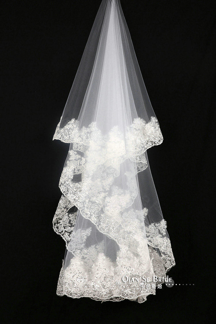 Luxury Cathedral 300cm Long Handmade Lace Flower Sequins Bridal Wedding Veil Bride Deco