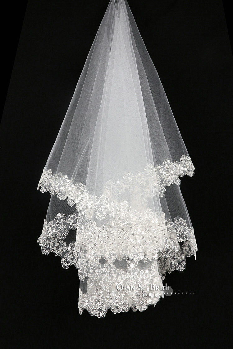 Luxury Cathedral Short Handmade Lace Flower Sequins Bridal Wedding Veil Bride Deco