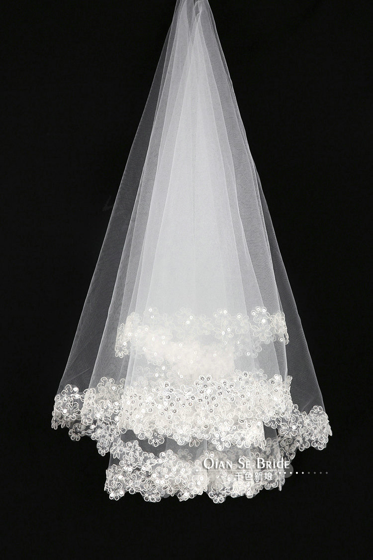 Luxury Cathedral Short Handmade Lace Flower Sequins Bridal Wedding Veil Bride Deco