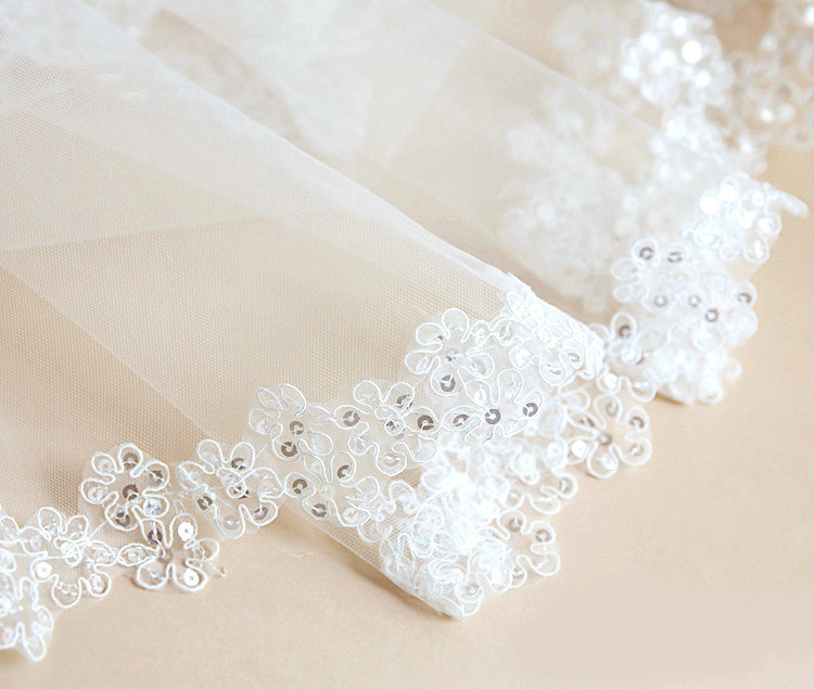 Luxury Cathedral Short Handmade Lace Flower Sequins Bridal Wedding Veil Bride Deco