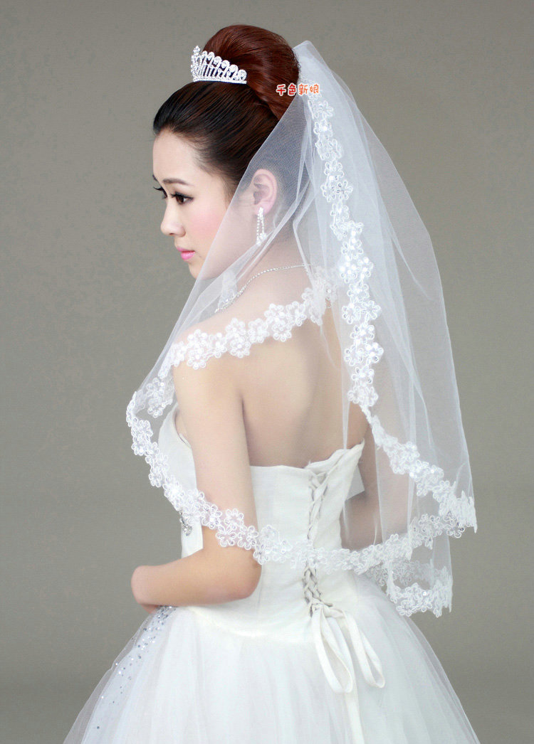 Luxury Cathedral Short Handmade Lace Flower Sequins Bridal Wedding Veil Bride Deco
