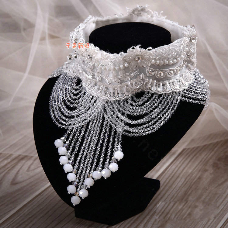 Luxury Pearl Rhinestones Crystal Bead Lace Flower Tassel Shoulder Deco Necklace Wedding Bridal Jewelry