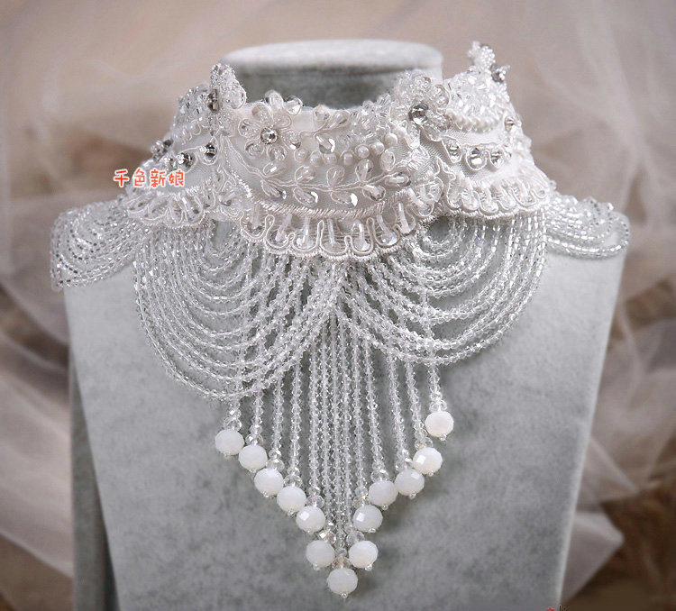 Luxury Pearl Rhinestones Crystal Bead Lace Flower Tassel Shoulder Deco Necklace Wedding Bridal Jewelry