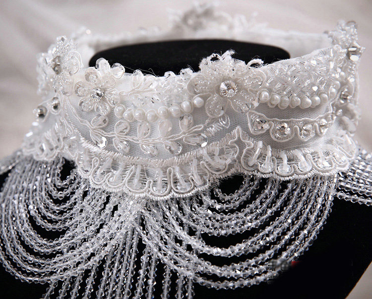 Luxury Pearl Rhinestones Crystal Bead Lace Flower Tassel Shoulder Deco Necklace Wedding Bridal Jewelry