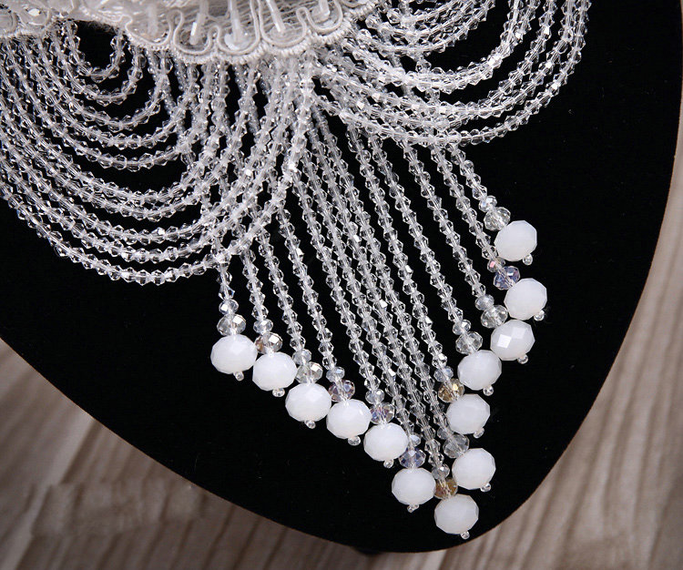 Luxury Pearl Rhinestones Crystal Bead Lace Flower Tassel Shoulder Deco Necklace Wedding Bridal Jewelry