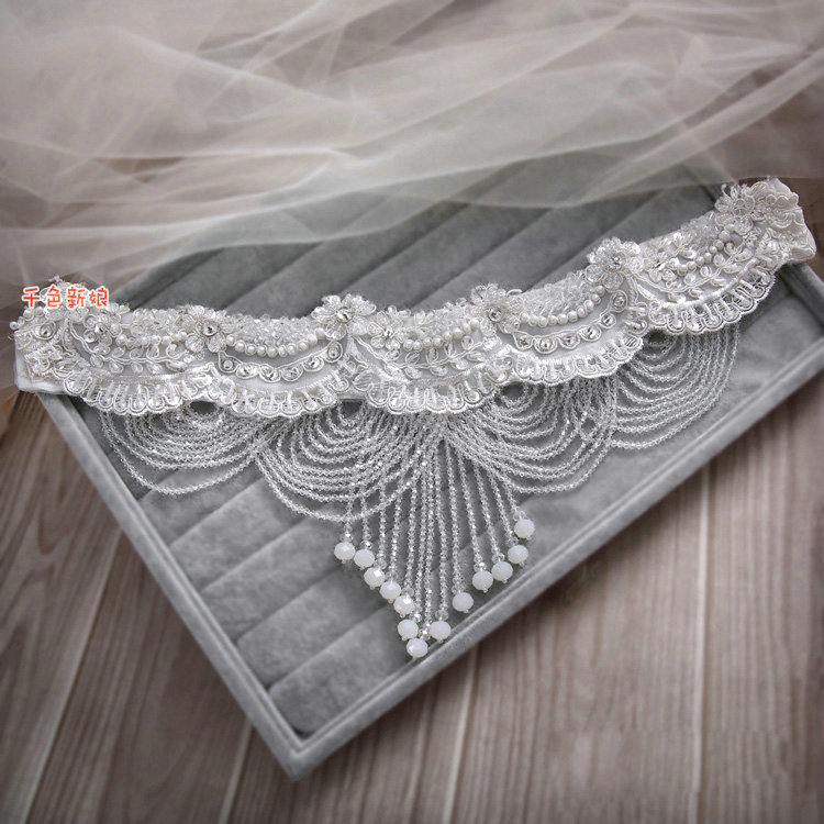 Luxury Pearl Rhinestones Crystal Bead Lace Flower Tassel Shoulder Deco Necklace Wedding Bridal Jewelry