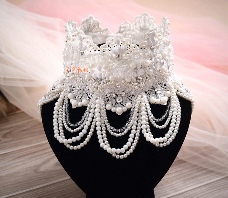 Luxury Pearl Rhinestones Crystal Lace Flower Tassel Shoulder Deco Necklace Wedding Bridal Jewelry