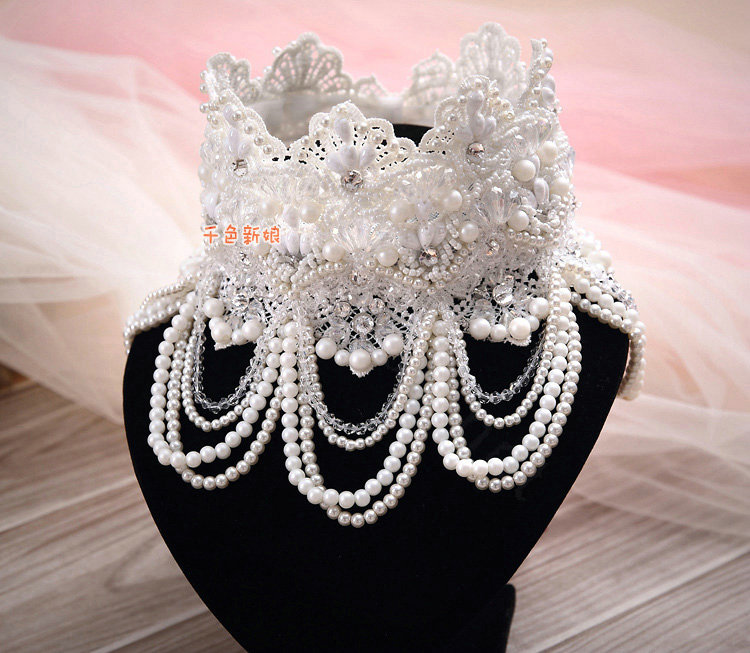 Luxury Pearl Rhinestones Crystal Lace Flower Tassel Shoulder Deco Necklace Wedding Bridal Jewelry