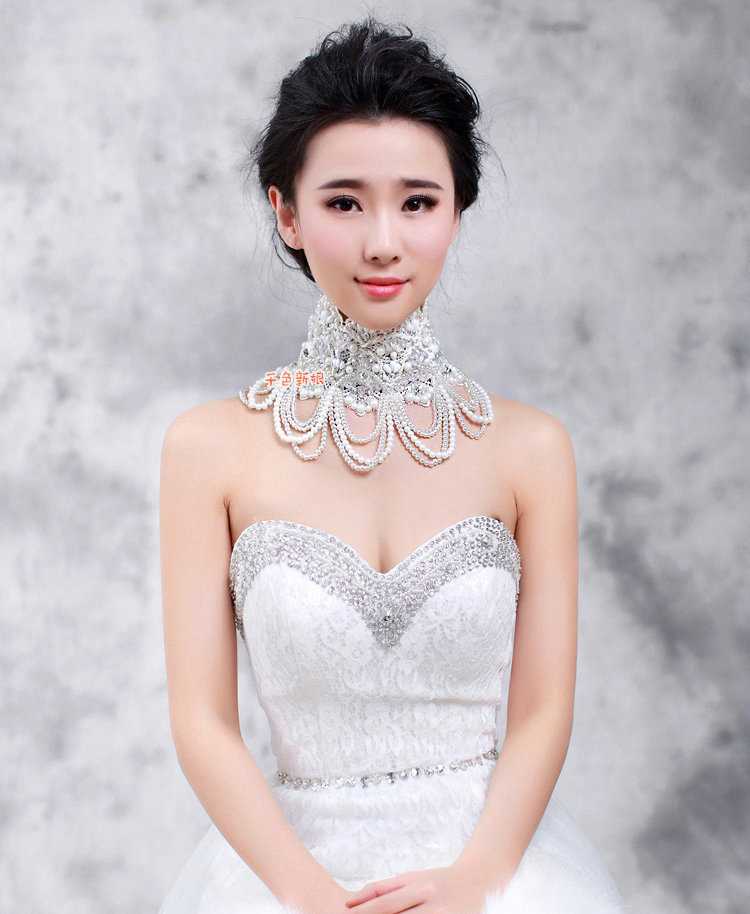 Luxury Pearl Rhinestones Crystal Lace Flower Tassel Shoulder Deco Necklace Wedding Bridal Jewelry