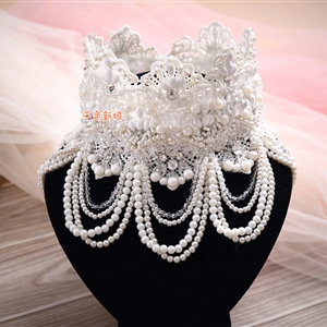 Luxury Pearl Rhinestones Crystal Lace Flower Tassel Shoulder Deco Necklace Wedding Bridal Jewelry