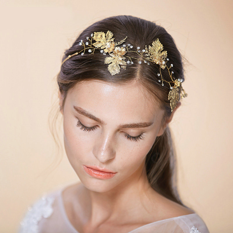 Luxury Retro Bridal Wedding Rhinestone Alloy Maple leaves Crystal Bride Headband Gold Plated