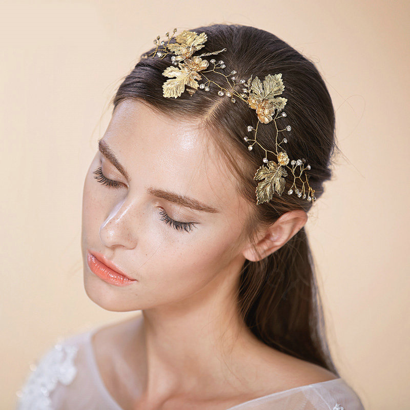 Luxury Retro Bridal Wedding Rhinestone Alloy Maple leaves Crystal Bride Headband Gold Plated