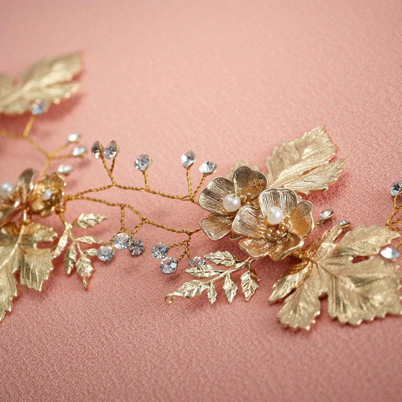 Luxury Retro Bridal Wedding Rhinestone Alloy Maple leaves Crystal Bride Headband Gold Plated