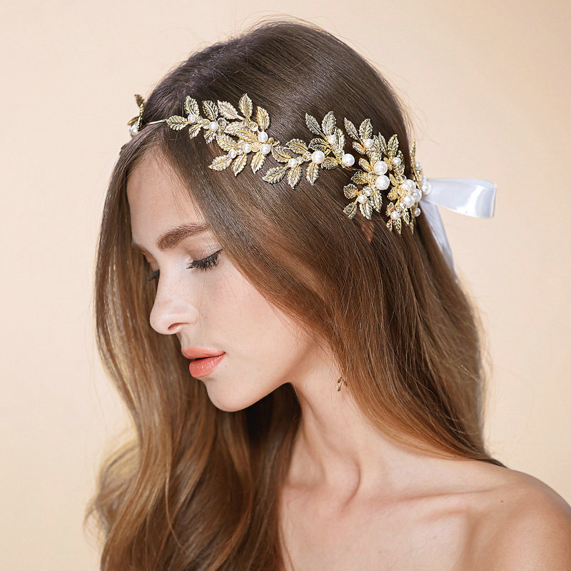 Luxury Retro Bridal Wedding Rhinestone Alloy Pearl Olive leaf Crystal Bride Headband Gold Plated