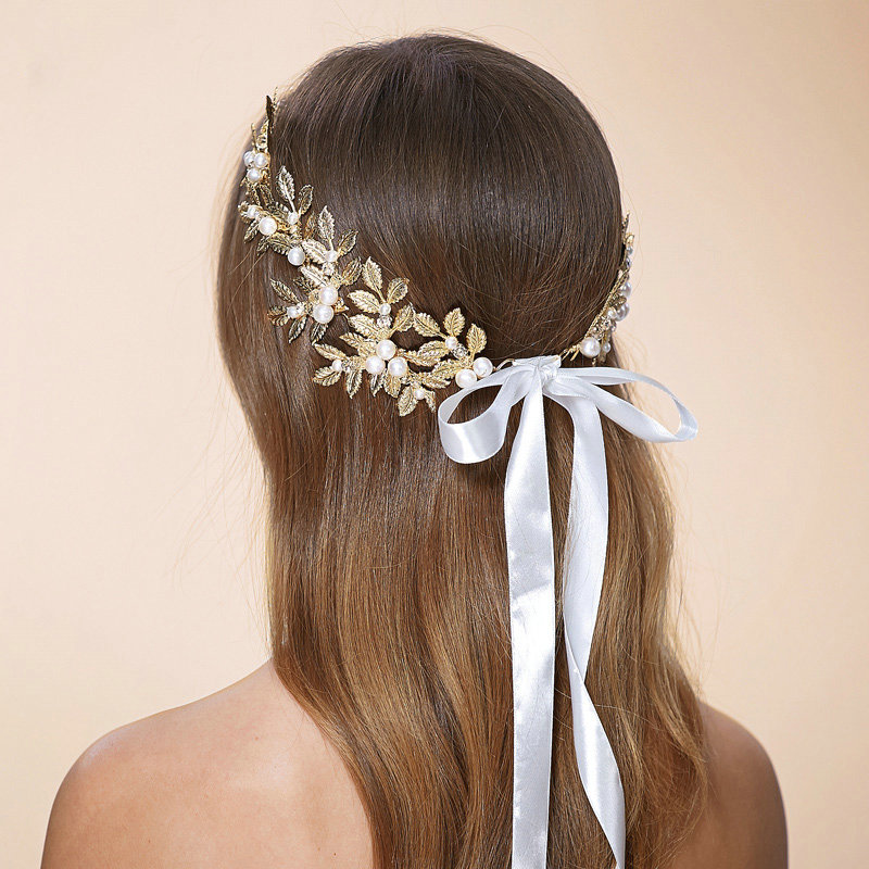 Luxury Retro Bridal Wedding Rhinestone Alloy Pearl Olive leaf Crystal Bride Headband Gold Plated