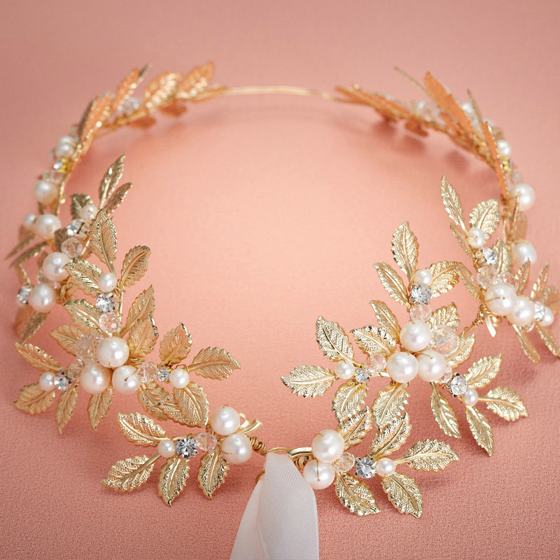 Luxury Retro Bridal Wedding Rhinestone Alloy Pearl Olive leaf Crystal Bride Headband Gold Plated