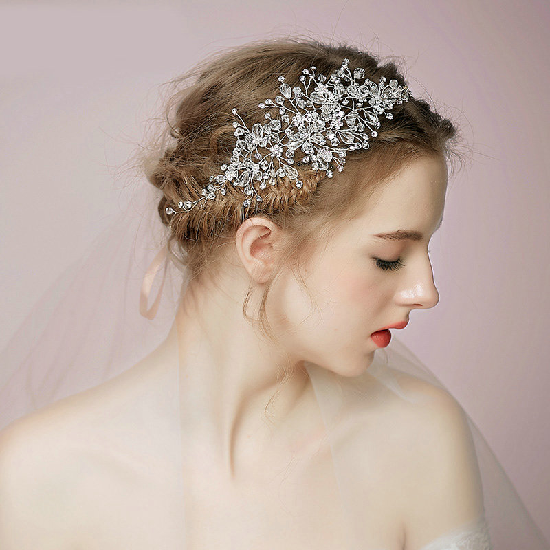 Luxury Retro Bridal Wedding Rhinestone Bead Alloy Floral Crystal Bride Headband Hair Accessories