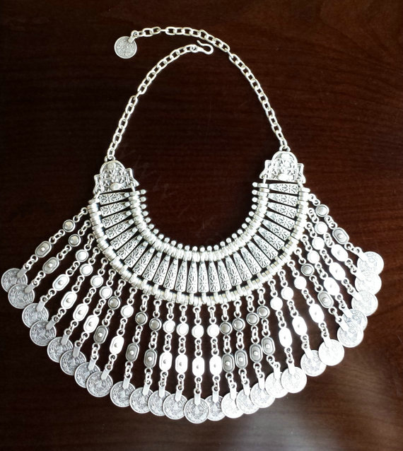 Luxury Retro Exaggeration Women Silver Plated Carved Metal Multi layer Tassel Coin Necklace Clavicle Chain