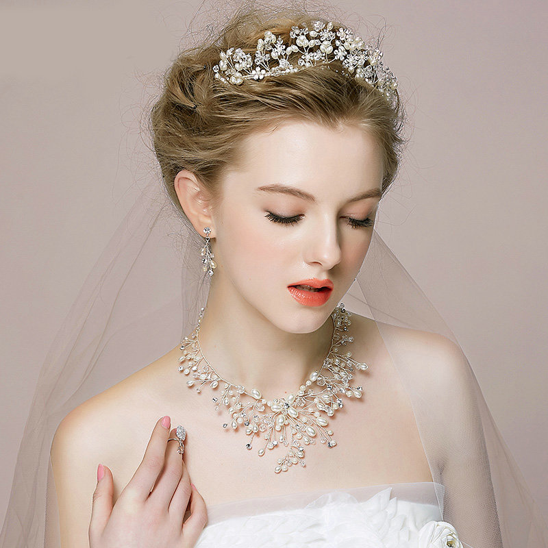 Luxury Vintage Wedding Bridal Jewelry Pearl Rhinestone Crystal Bead Tiaras Necklace Earrings Set