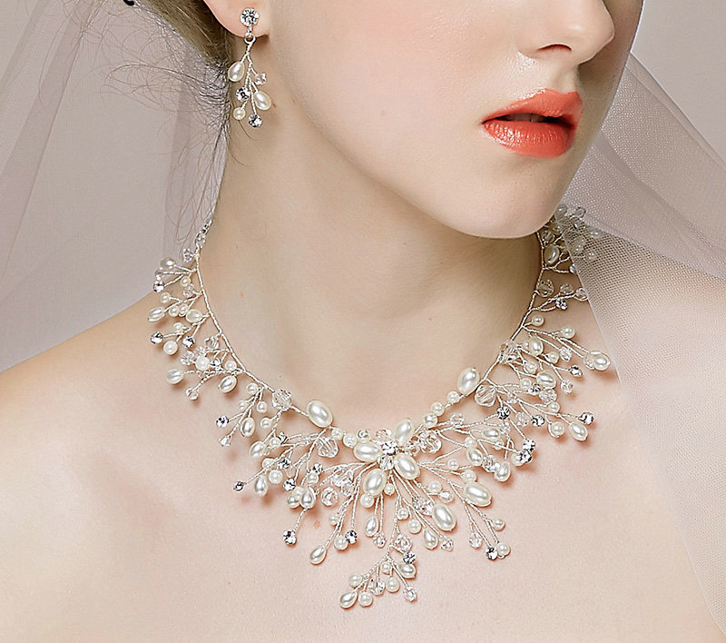 Luxury Vintage Wedding Bridal Jewelry Pearl Rhinestone Crystal Bead Tiaras Necklace Earrings Set