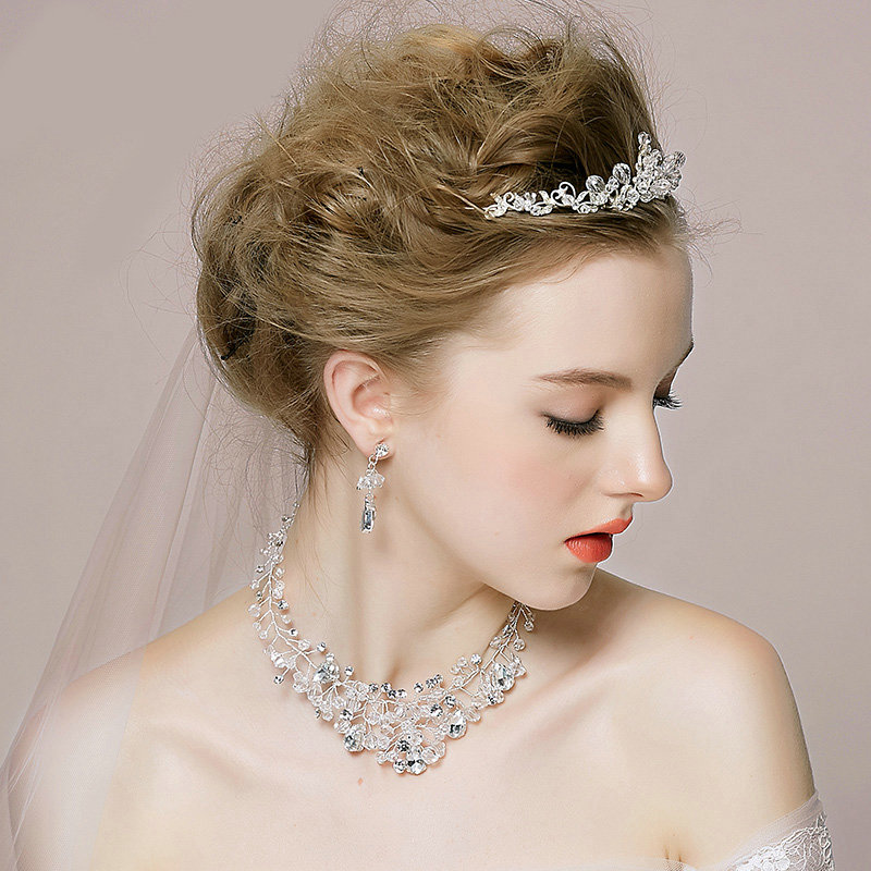 Luxury Vintage Wedding Bridal Jewelry Rhinestone Crystal Bead Flower Tiaras Necklace Earrings Set