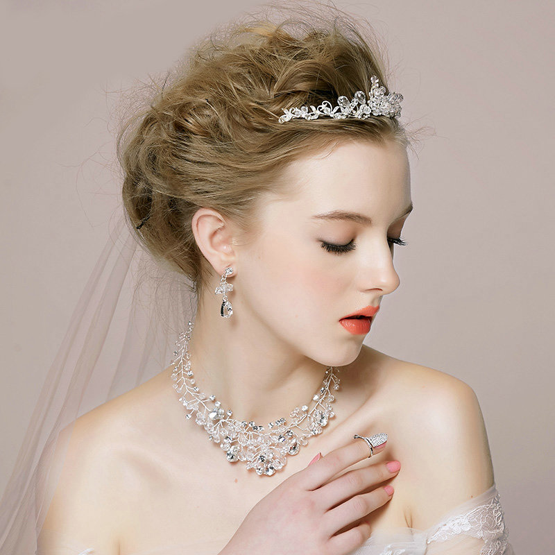 Luxury Vintage Wedding Bridal Jewelry Rhinestone Crystal Bead Flower Tiaras Necklace Earrings Set