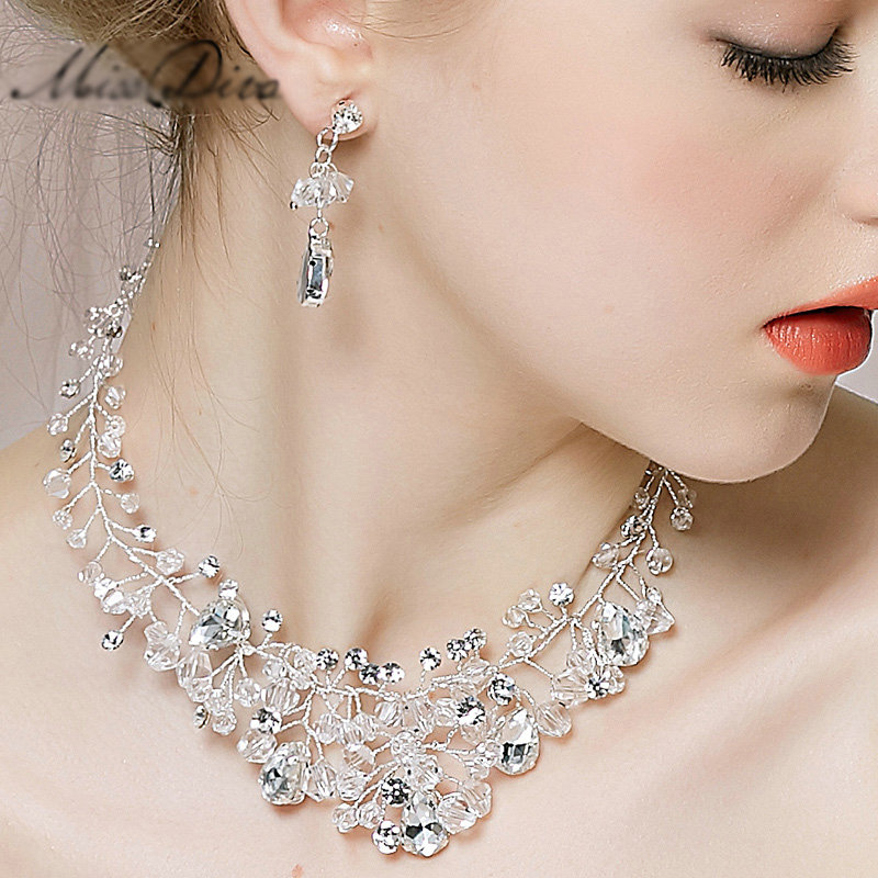 Luxury Vintage Wedding Bridal Jewelry Rhinestone Crystal Bead Flower Tiaras Necklace Earrings Set